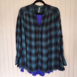 FREE PEOPLE Green Plaid Come On Over Cotton Blend Button Front Shirt XS